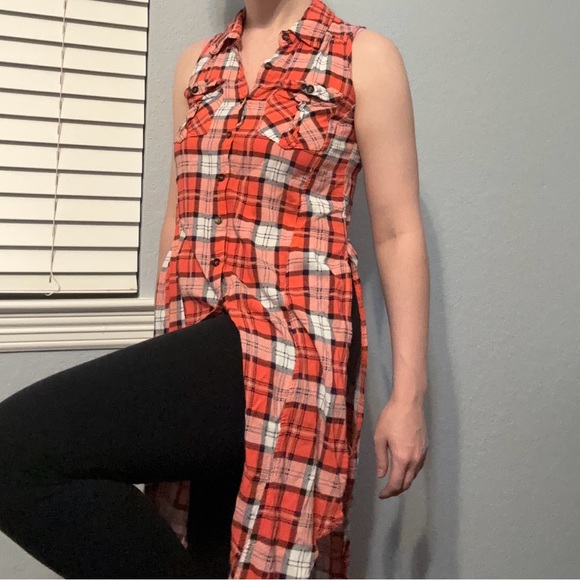 Love Ari Plaid Tartan Tunic Button Up Sleeveless Orange White Women’s Size S - Picture 9 of 13